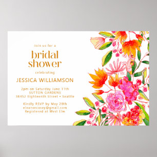 Moderne rosa-orange Aquarell-Blumen-Brautparty Poster