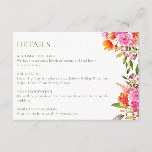 Moderne Rosa Orange Grüne Blume Hochzeitdetails Begleitkarte (Vorderseite)