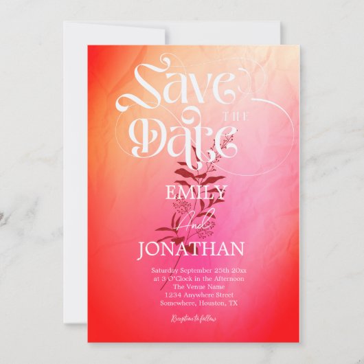 Moderne rosa-orangefarbene Aquarell-Typografie Save The Date (Vorderseite)