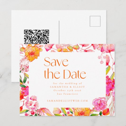 Moderne, rosa orangefarbene Blume, die QR-Code hoc Postkarte (Vorne/Hinten)