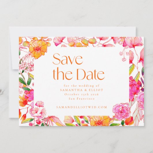 Moderne rosa orangefarbene Blume Einfache Hochzeit Save The Date (Vorderseite)