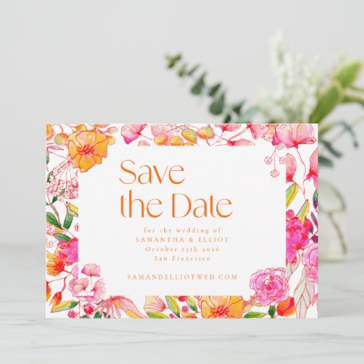 Moderne rosa orangefarbene Blume Hochzeitsstift Fo Save The Date (Stehend Vorderseite)