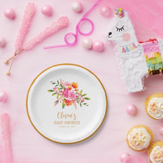 Moderne rosa orangefarbene Blütendusche Pappteller (Party)