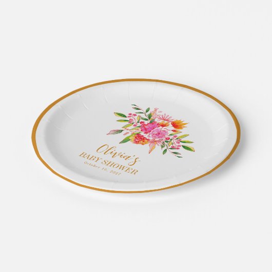 Moderne rosa orangefarbene Blütendusche Pappteller (Schrägansicht)