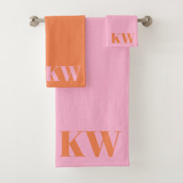 Moderne rosa orangefarbene Monogramm-Initialen Per Badhandtuch Set