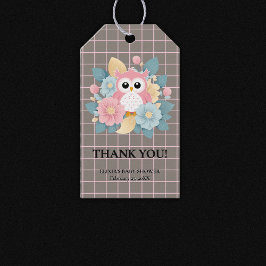 Moderne rosa Owl Blütendusche & Grid Baby Dusche Geschenkanhänger