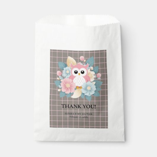 Moderne rosa Owl Blütendusche & Grid Baby Dusche Geschenktütchen (Vorderseite)