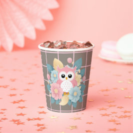 Moderne rosa Owl Blütendusche & Grid Baby Dusche Pappbecher