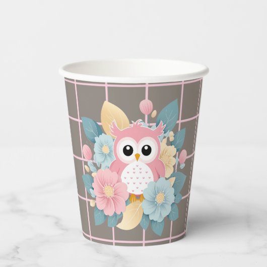 Moderne rosa Owl Blütendusche & Grid Baby Dusche Pappbecher (Rückseite)