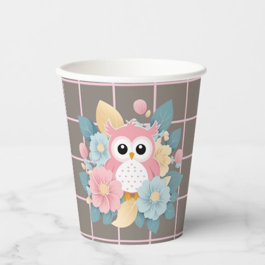 Moderne rosa Owl Blütendusche & Grid Baby Dusche Pappbecher (Vorderseite)