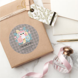 Moderne rosa Owl Blütendusche & Grid Baby Dusche Runder Aufkleber