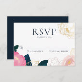 Moderne rosa Peonies Gold Foil Wedding RSVP Begleitkarte (Vorne/Hinten)