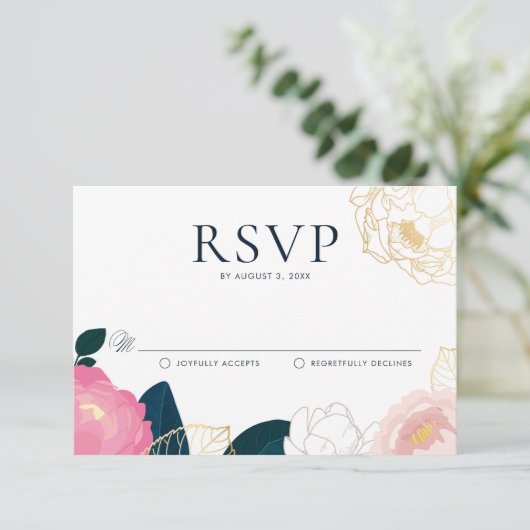 Moderne rosa Peonies Gold Foil Wedding RSVP Begleitkarte (Stehend Vorderseite)