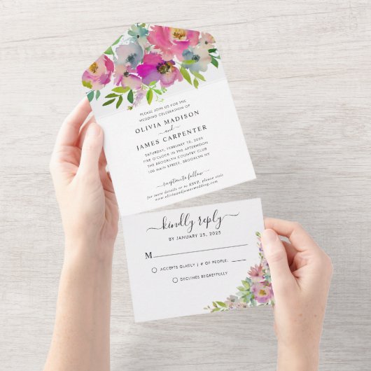 Moderne, rosa Pfirsichfarbene Hochzeit All In One Einladung (Abreißen)