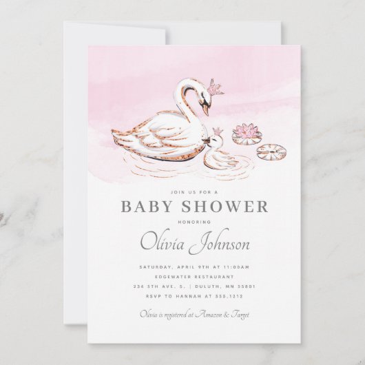 Moderne rosa Princess Swan Baby Dusche Einladung (Vorderseite)