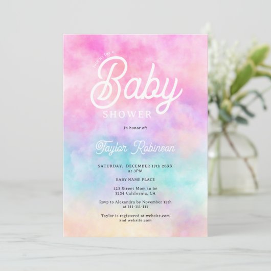 Moderne rosa Regenbogenwolken Kinderdusche Einladung (Stehend Vorderseite)