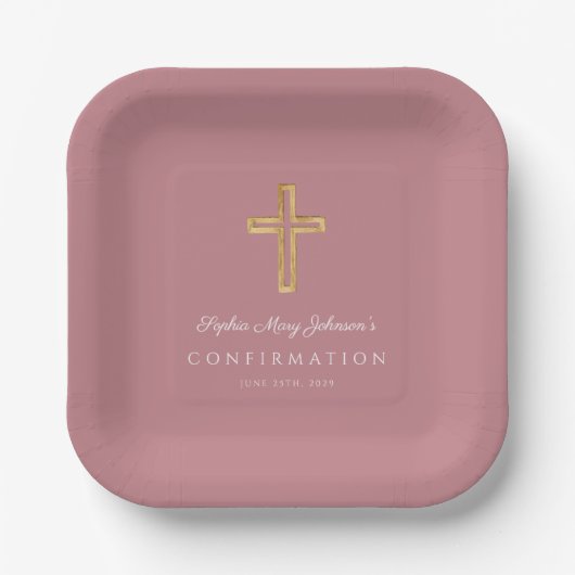 Moderne rosa religiöse Kreuz Mädchen Konfirmation Pappteller (Vorderseite)