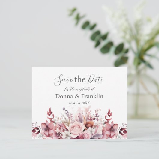 Moderne, rosa Rose Hochzeit retten Datum Postkarte (Stehend Vorderseite)