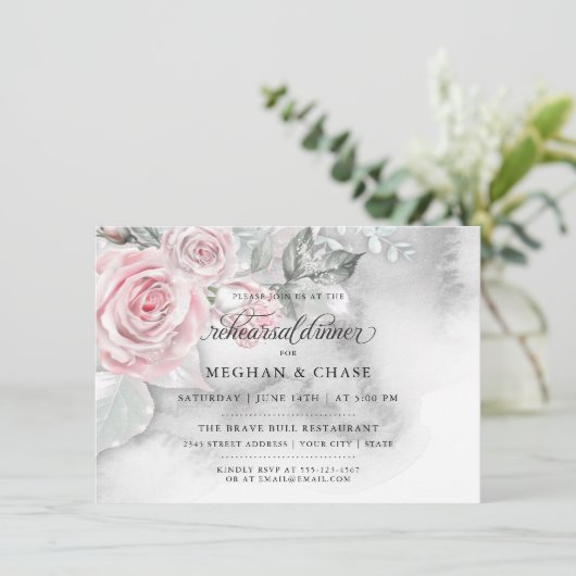 Moderne rosa Rosen Grau Wasserfarbe BarefootBride™ Einladung (Stehend Vorderseite)
