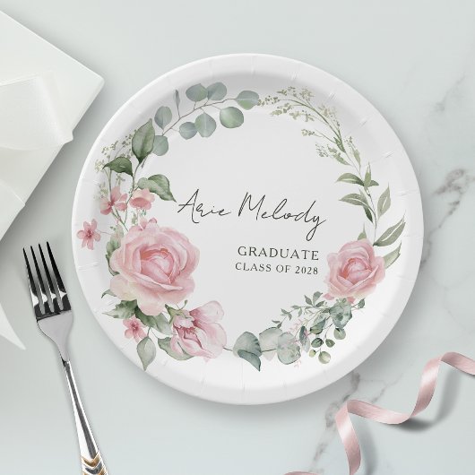 Moderne rosa Rosen Schrift Klasse der Abschluss Pappteller