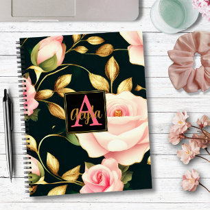 Moderne rosa Roses Gold Blätter Monogram Notizblock