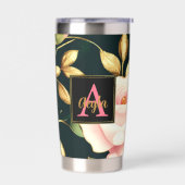 Moderne rosa Roses Gold Blätter Monogram Thermobecher (Links)