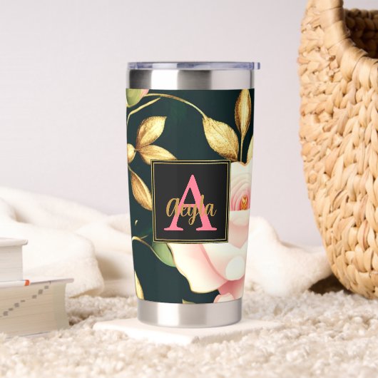 Moderne rosa Roses Gold Blätter Monogram Thermobecher (Wohnzimmer)