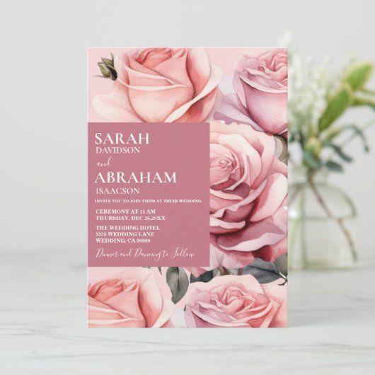 Moderne rosa Roses Hochzeitsfeier Einladung (Stehend Vorderseite)