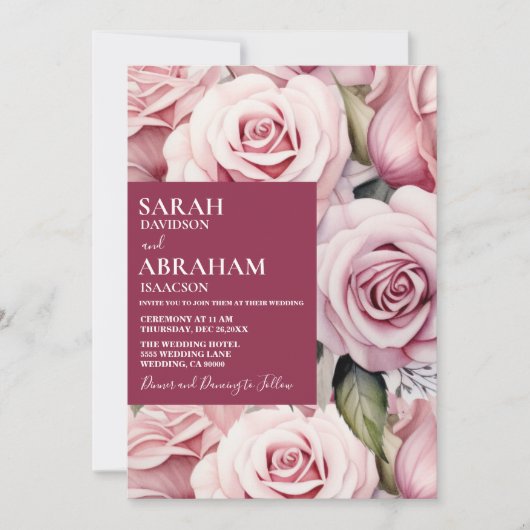 Moderne rosa Roses Hochzeitsfeier Einladung (Vorderseite)
