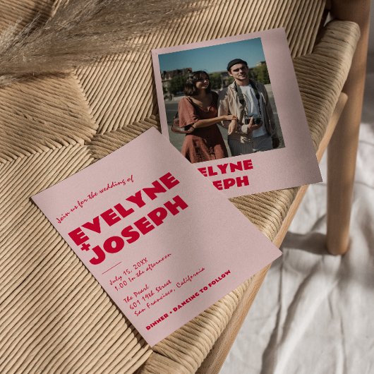 Moderne rosa rote Retro kühne Funky Foto Wedding Einladung