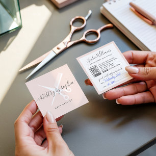 Moderne Rosa-Schere Skript Haarstylistin Quadratische Visitenkarte