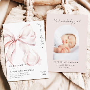 Moderne rosa Schleife Baby-Namensgebung Einladung