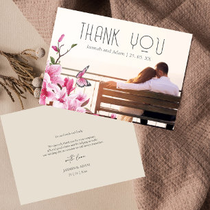 Moderne rosa Schmetterling Blumen Foto-Hochzeit Dankeskarte