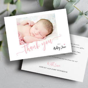 Moderne rosa Schriftfoto-Baby-Shower-Dankeschön Dankeskarte