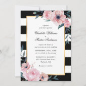 Moderne rosa, schwarz gestreifte Hochzeit Einladung (Vorderseite)