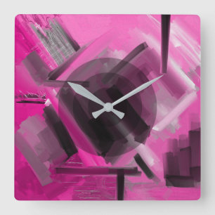 Moderne rosa Schwarz Grau Dynamische Abstrakte Kun Quadratische Wanduhr