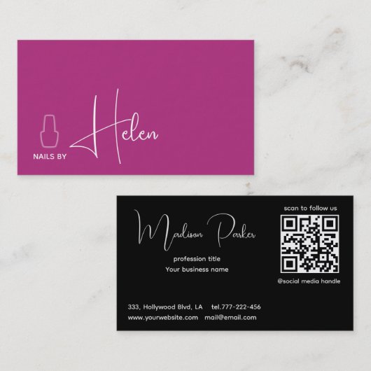 Moderne rosa, schwarz-minimalistische Nagellack Visitenkarte (Vorne/Hinten)
