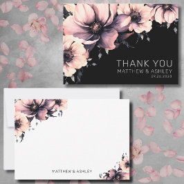 Moderne rosa Schwarze Flora Hochzeit Dankeskarte