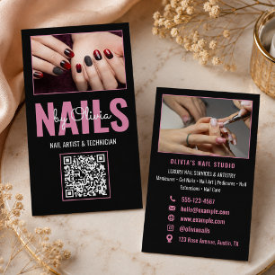 Moderne Rosa Schwarze Foto QR-Code Nagelstudio Visitenkarte