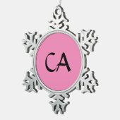 Moderne rosa Schwarze Monogramm-Initialen elegant Schneeflocken Zinn-Ornament (Rechts)
