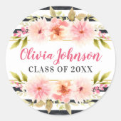 Moderne rosa, schwarze Streifen mit floralen Strei Runder Aufkleber (Vorderseite)