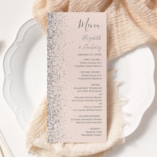 Moderne, rosa, silberfarbene Glitzer Edge Wedding Menükarte