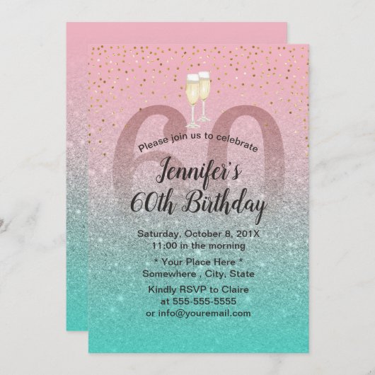 Moderne rosa Silberner Aquamariner Glitzer 60 Gebu Einladung (Vorne/Hinten)