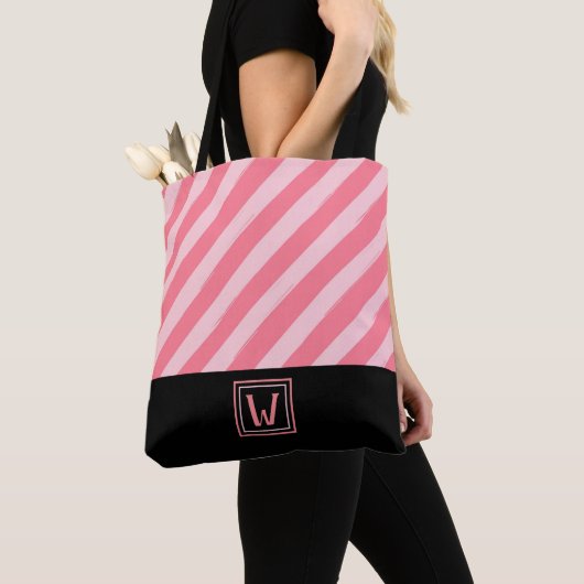 Moderne rosa Streifen mit elegantem Monogramm Tasche (Von Nahem)