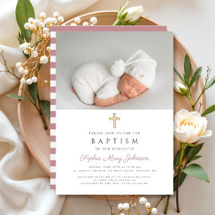 Moderne rosa Streifen Religiöse Cross Foto Taufe Einladung