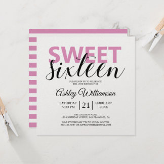 Moderne rosa Streifen Rosa Sweet 16 Einladung