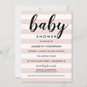 Moderne rosa Streifen-Schrift Baby Mädchen Shower Einladung