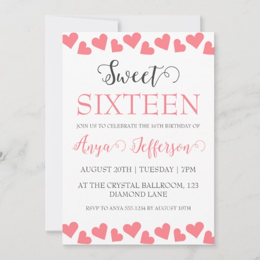 Moderne, rosa, süß 16 Geburtstagseinladungen Einladung (Vorderseite)