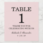Moderne rosa Tablettnummer Hochzeit   Weinetikett (Einzelnes Label)