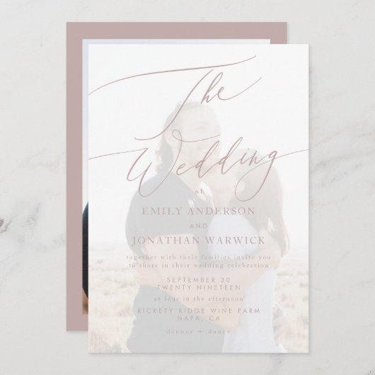 Moderne Rosa Taupe Calligraphie Einfaches Foto Hoc Einladung (Vorne/Hinten)